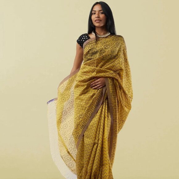Mustard Yellow & Black Mangalagiri Silk Saree | Muvvas Boutique - Picture 1 of 5